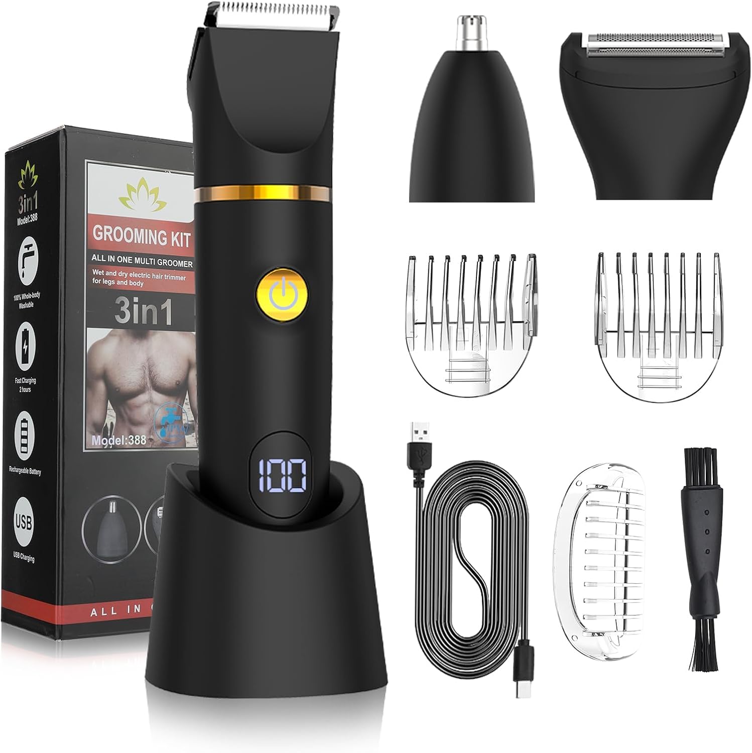 Men'S Grooming Hair Removal - 男性女性用ボディトリマー、3 in 1グルーミングキット、鼻毛/陰部/胸毛用電動トリマー、シェーバー