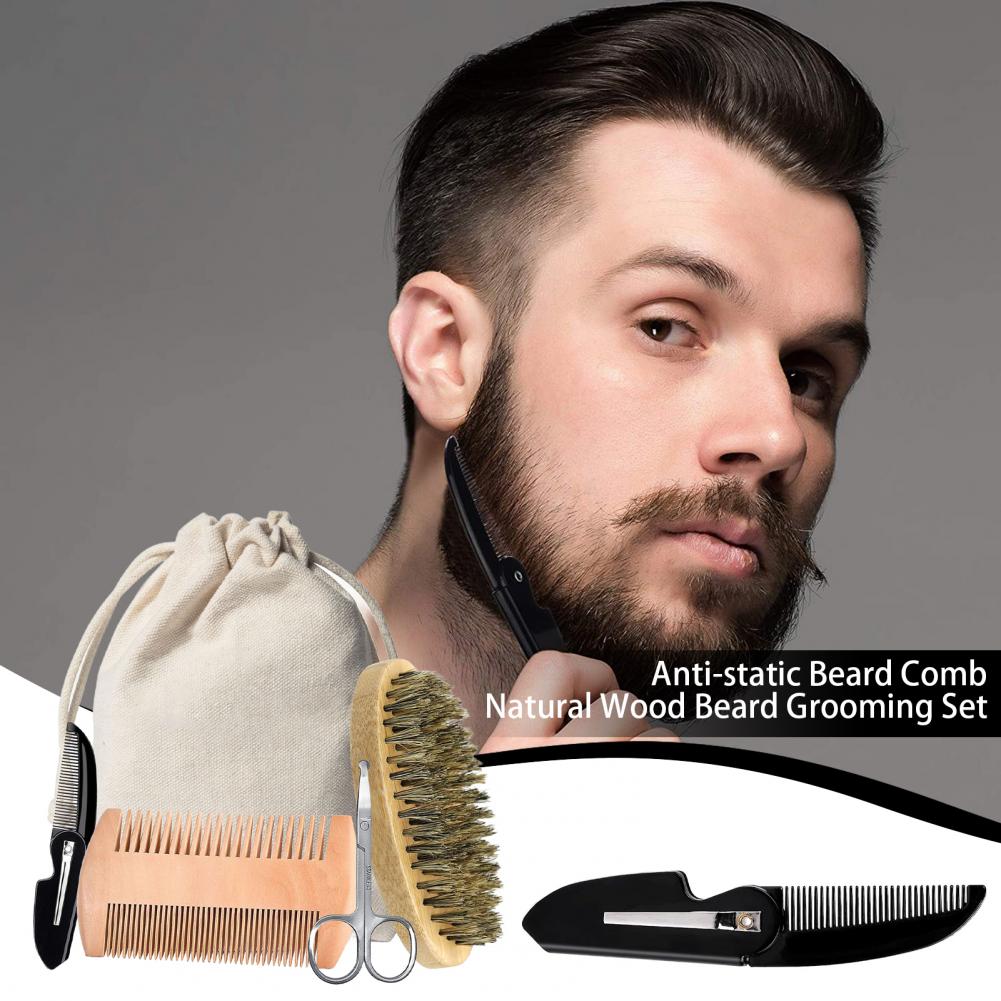 Men'S Grooming Bag - イノシシの毛,楕円形のブラシ,両面木製くし,はさみ,収納袋,男性用口ひげケアキットを備えたグルーミングキット,3個,5個