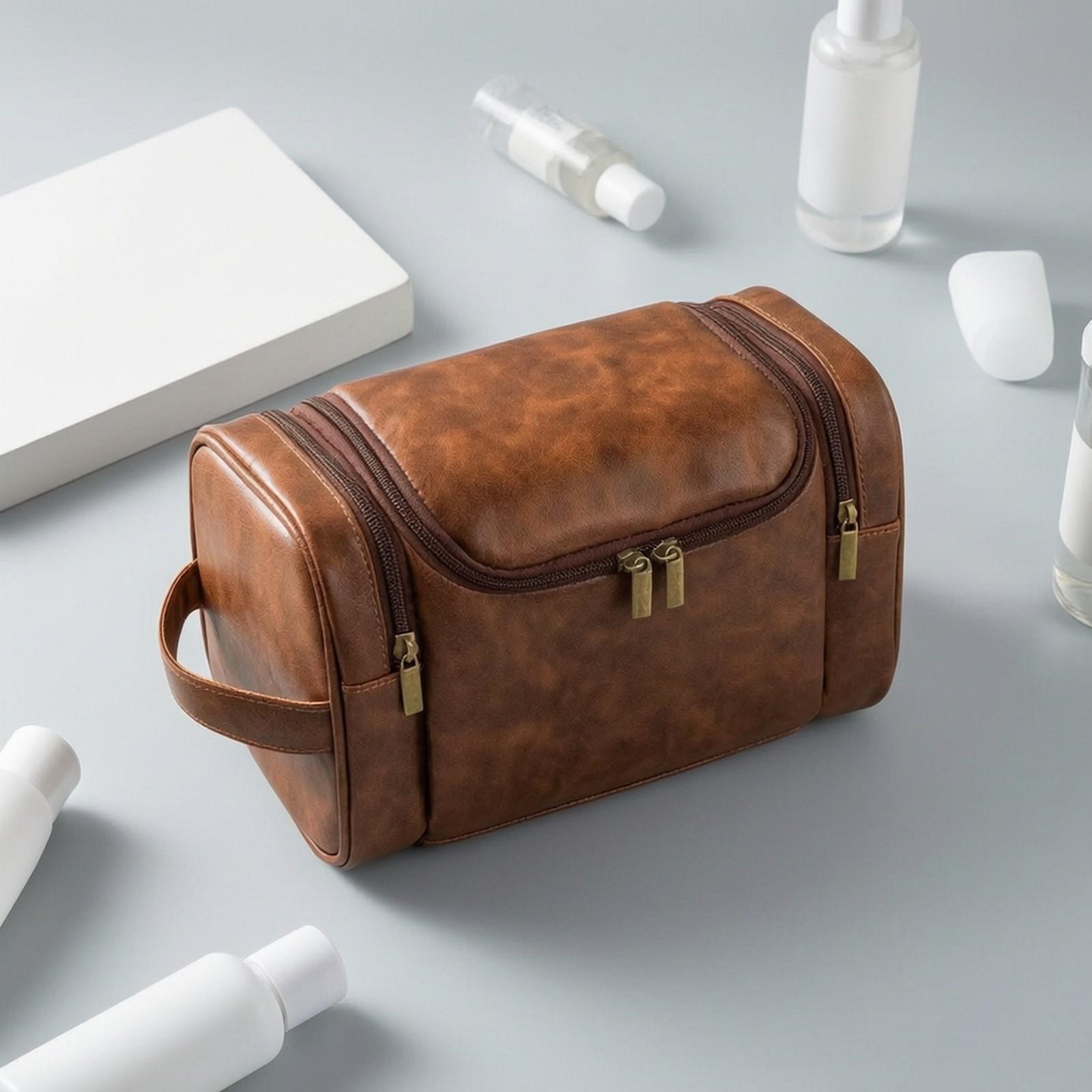 Men'S Grooming Bag - メンズ用トラベルバッグ。PUレザー製で、洗面用具を収納できる多機能コンパートメント付き。日常使いに最適な吊り下げ式デザイン。